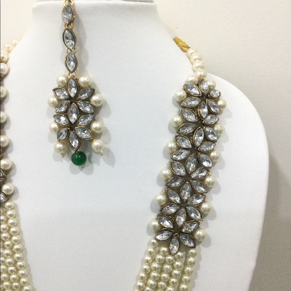 Green & white pearl pakistani bridal necklace set queen’s necklace - Picture 4 of 10